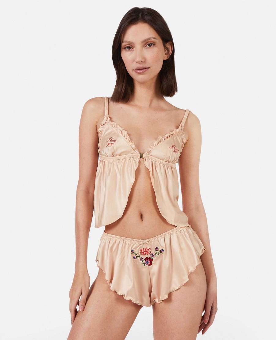 Kvinnor Stella McCartney Underklader Och Nattklader | Love You' Broderi Satin Volang Sleep Shorts